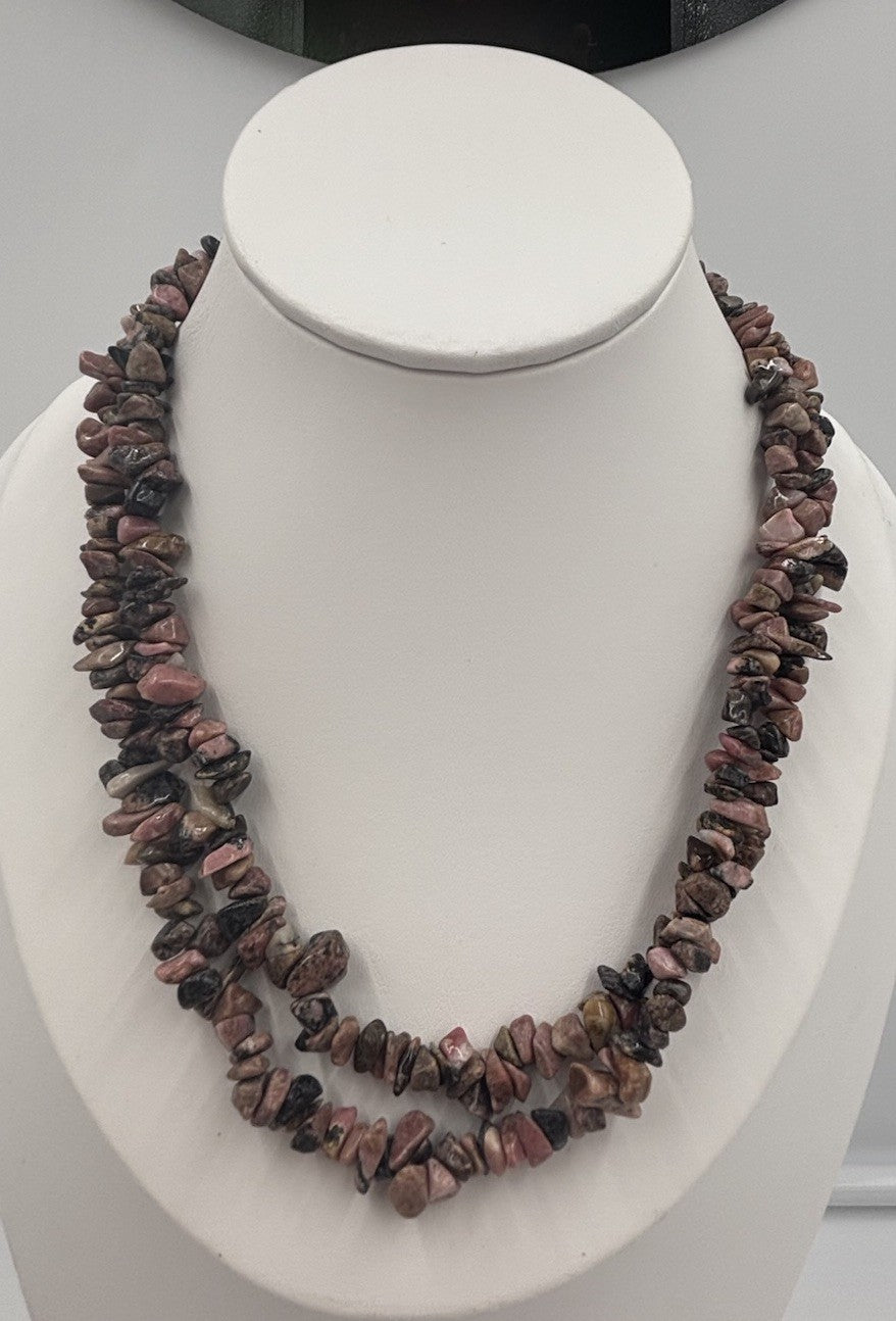 Natural Rhodonite Chip Bead Necklace Pink Black Gemstone Strand