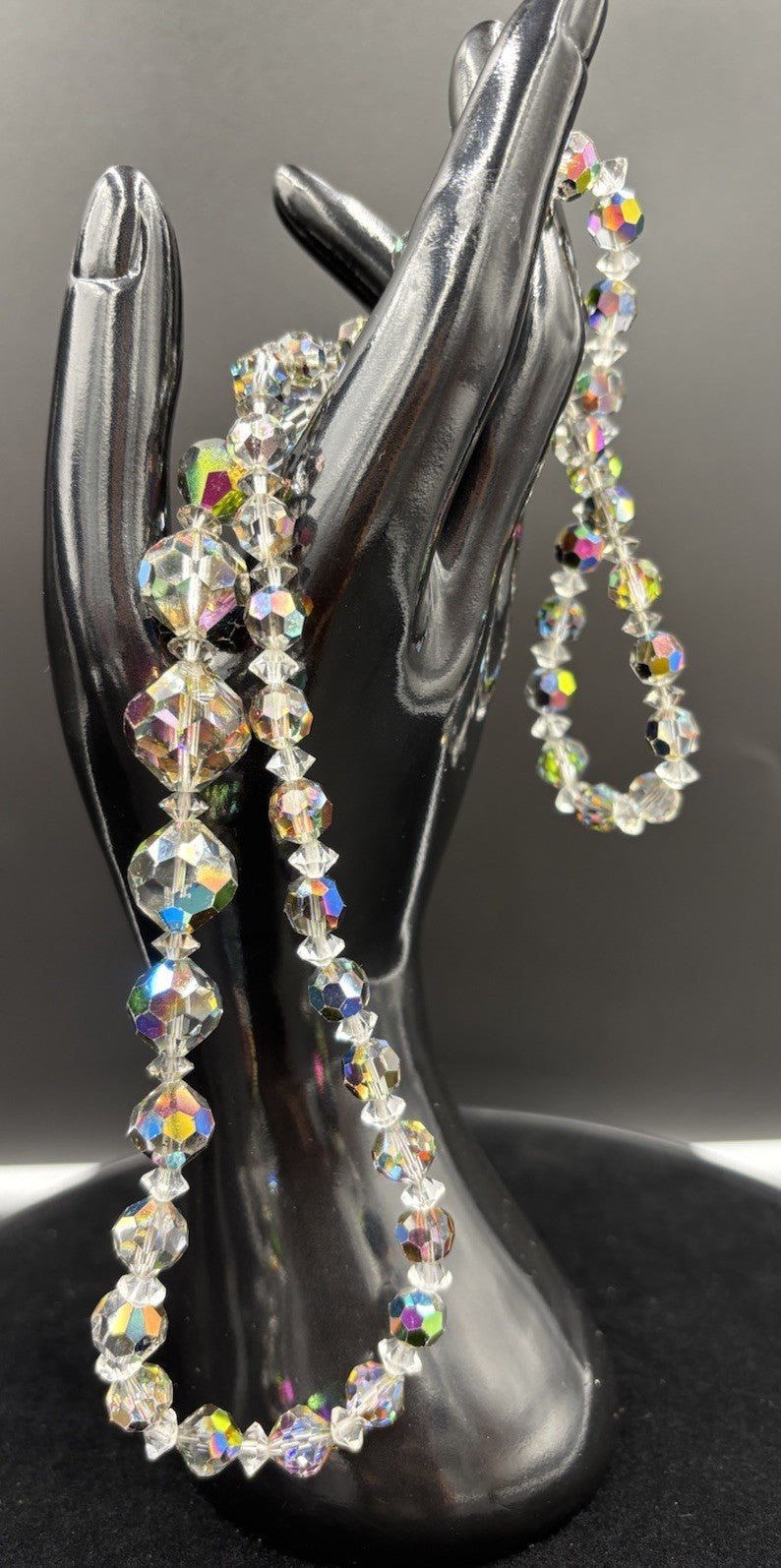 Vintage Aurora Borealis Crystal Bead Necklace Faceted Glass, Mid-Century
