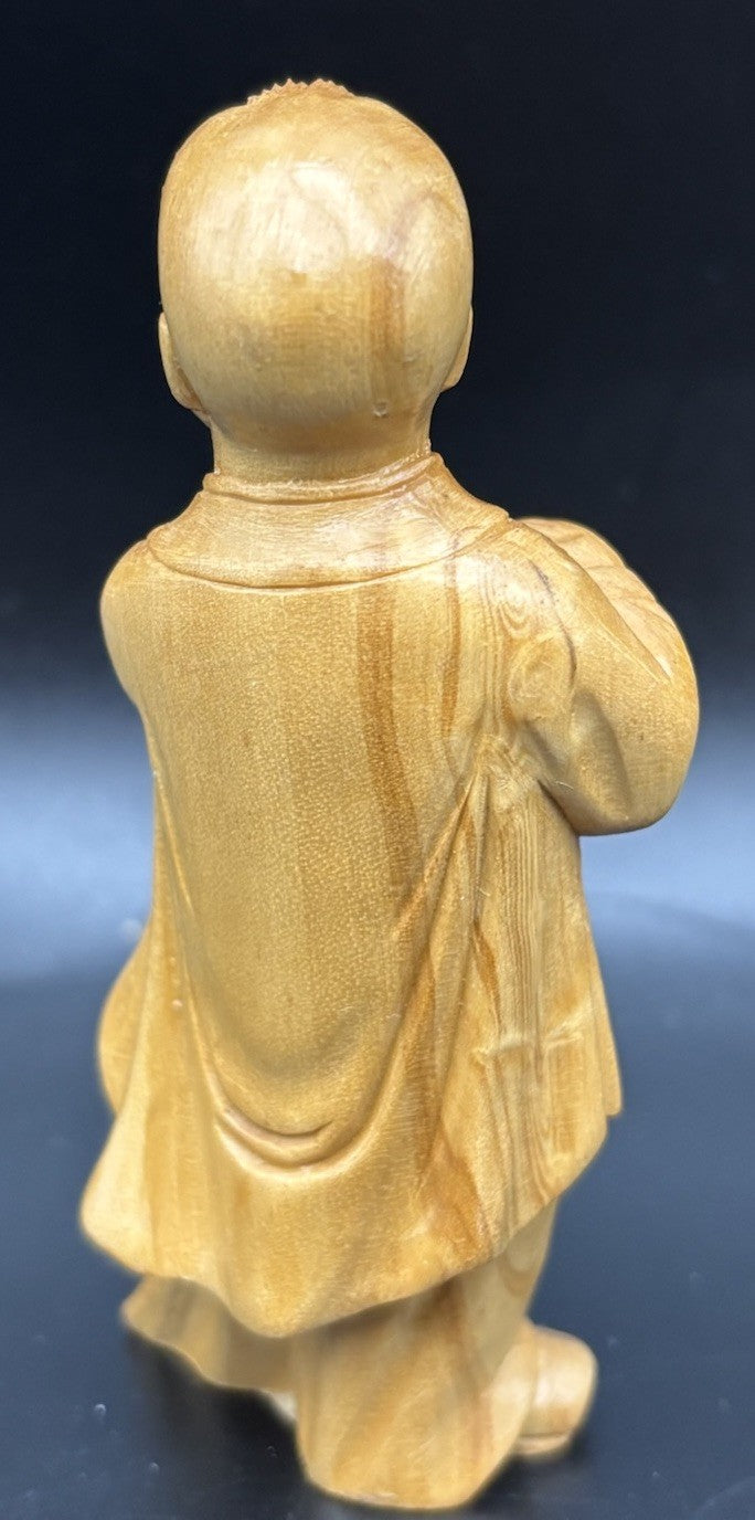 Vintage Chinese Hand Carved Wooden Monk Child Figurine Holding Bowl PRC