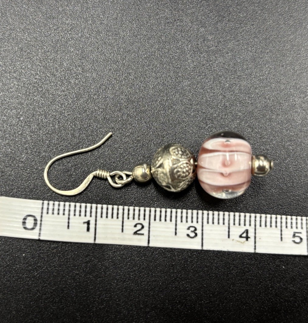 Vintage Pink Lampwork Glass Earrings Silver Tone Filigree Bead Drop
