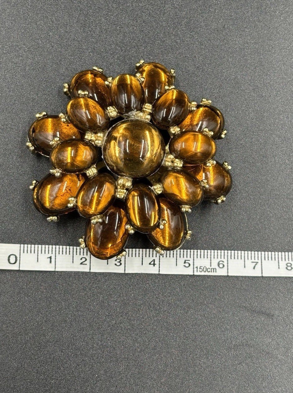 Huge Vintage Glass Brooch Tiger Eye Look 1950s Bold Statement Jewelry