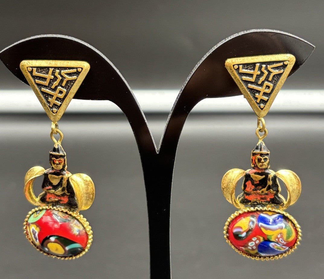 Vintage Millefiori Glass Dangle Earrings Buddha Figure Colourful Art Glass