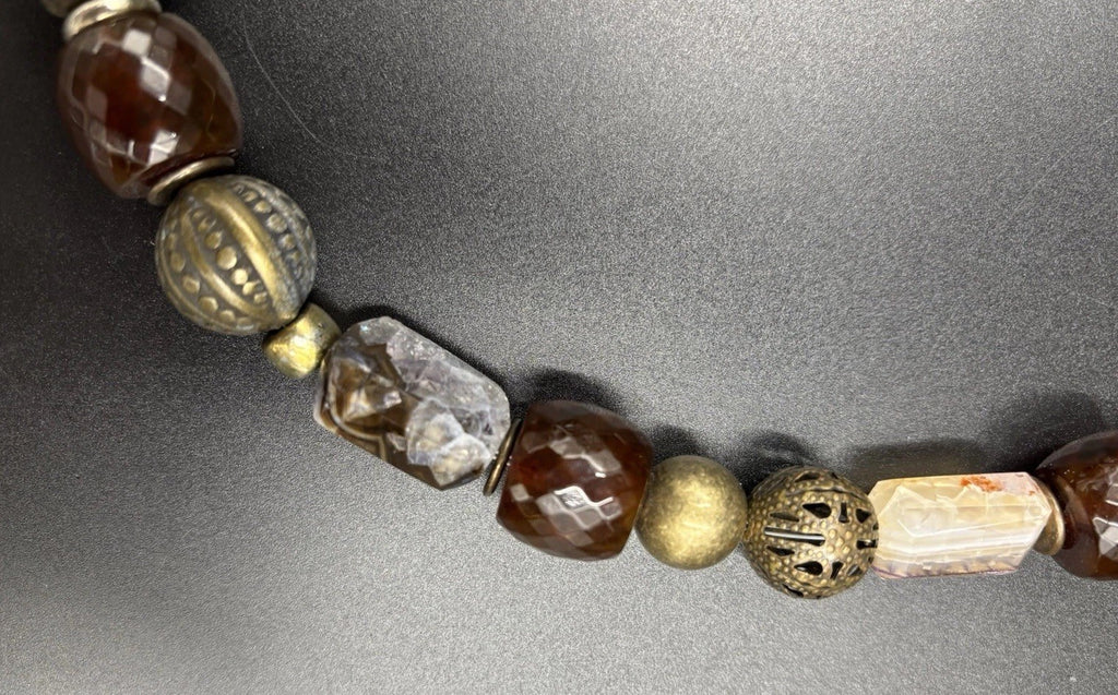 Vintage Natural Agate Beaded Necklace Artisan Statement Earthy Brass Tone