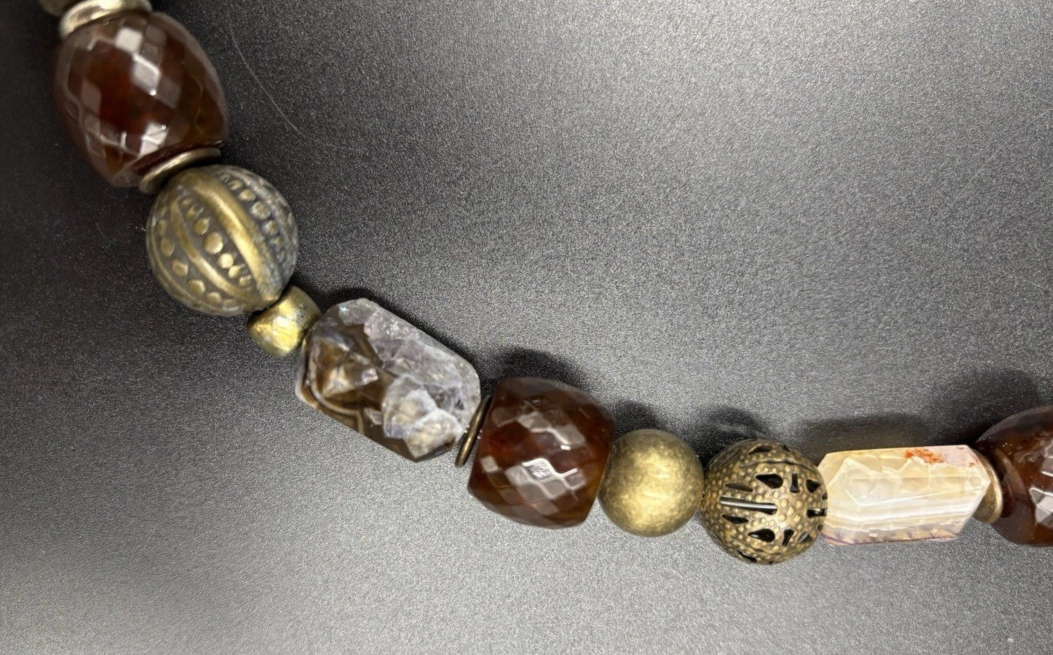 Vintage Natural Agate Beaded Necklace Artisan Statement Earthy Brass Tone