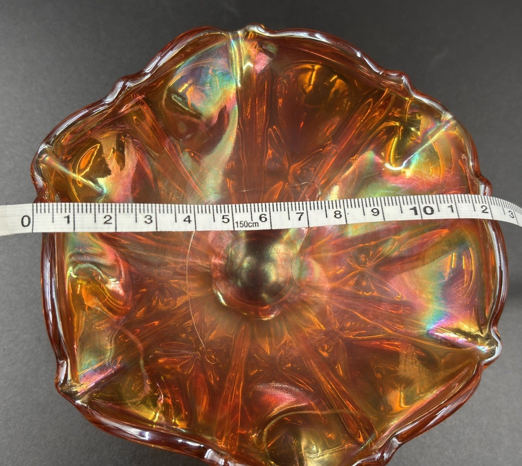 Vintage Carnival Glass Ruffled Footed Bowl Marigold Iridescent Dish