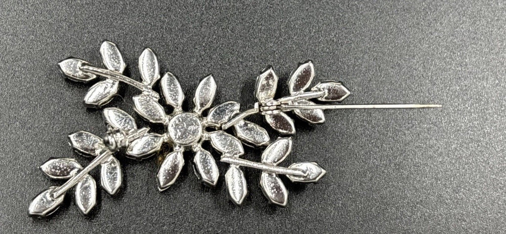 Vintage Silver Tone Floral Spray Brooch with Clear Rhinestones