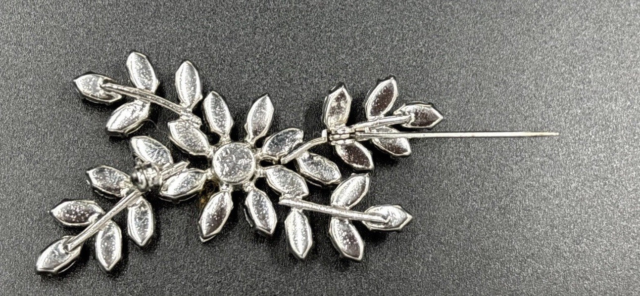 Vintage Silver Tone Floral Spray Brooch with Clear Rhinestones