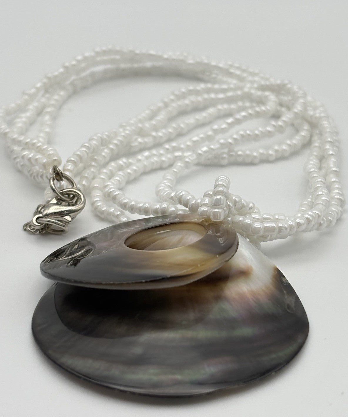 Mother of Pearl Shell Pendant Necklace – White Beaded Multi Strand