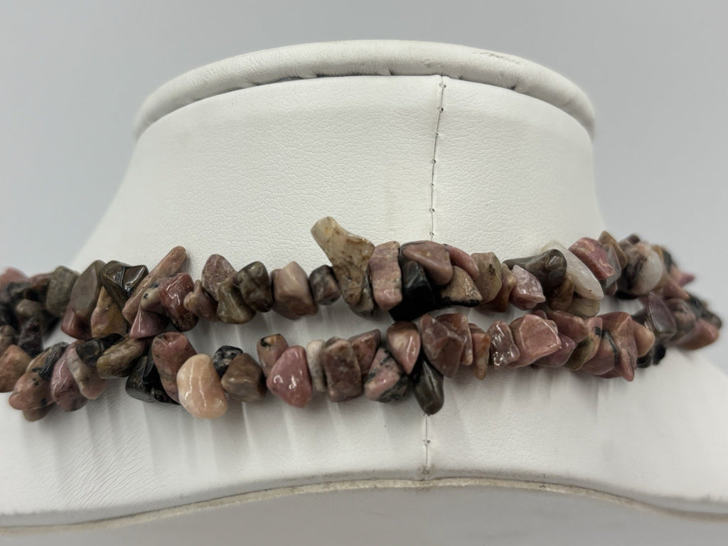 Natural Rhodonite Chip Bead Necklace Pink Black Gemstone Strand
