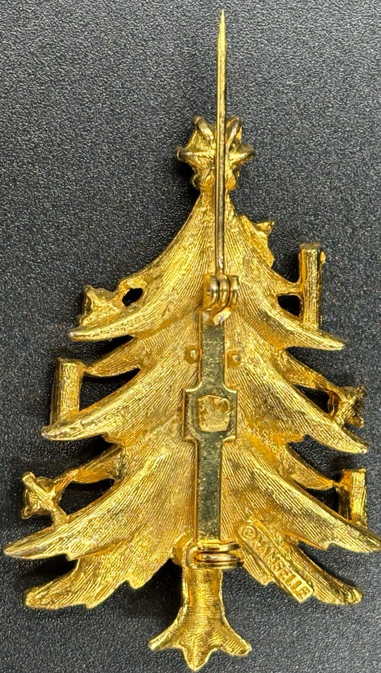 Vtg Gold Tone Christmas Tree Holiday Brooch  Pin Rhinestones Signed Mamselle