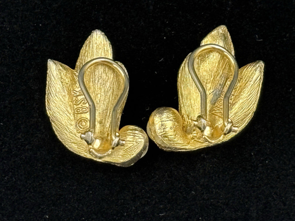 Vintage BSK Clip Leaf Wing Faux Pearl Earrings