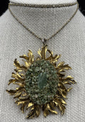 Vintage Sunburst Pendant Necklace Crushed Green Stone 18K Gold Filled Chain