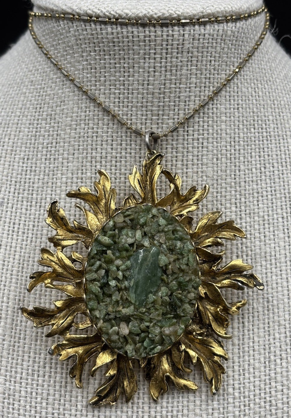 Vintage Sunburst Pendant Necklace Crushed Green Stone 18K Gold Filled Chain