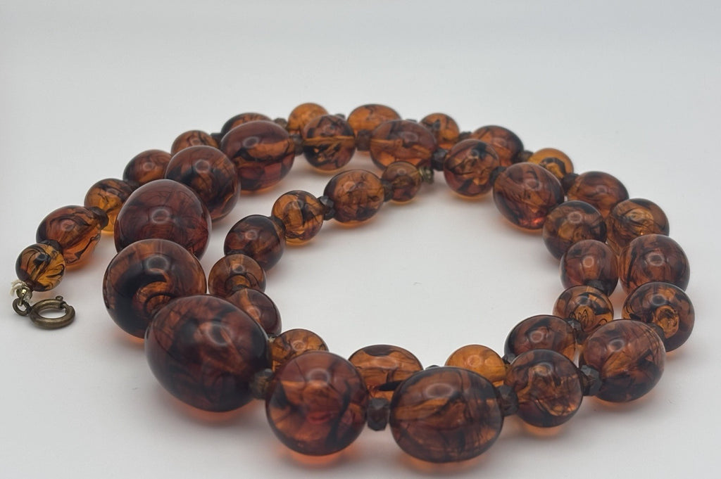 Vintage Lucite Faux Amber Bead Necklace 76cm Mid Century Swirled Resin Jewelry