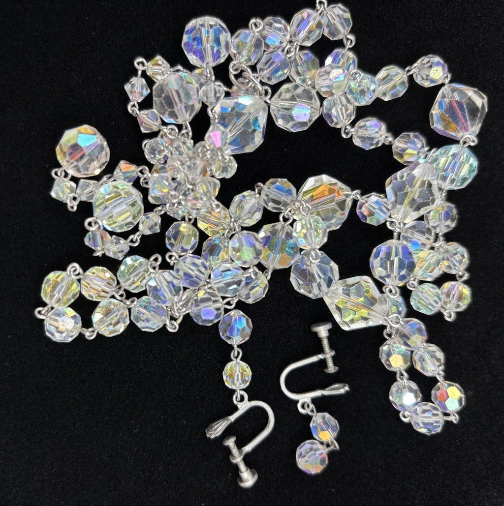 Vintage 1950s Aurora Borealis Crystal Necklace & Earrings Set Tassel Drop