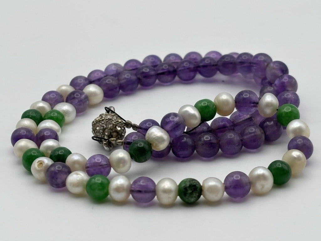Vintage Amethyst Jadeite Pearl Necklace Pave Rhinestone Clasp Mid Century