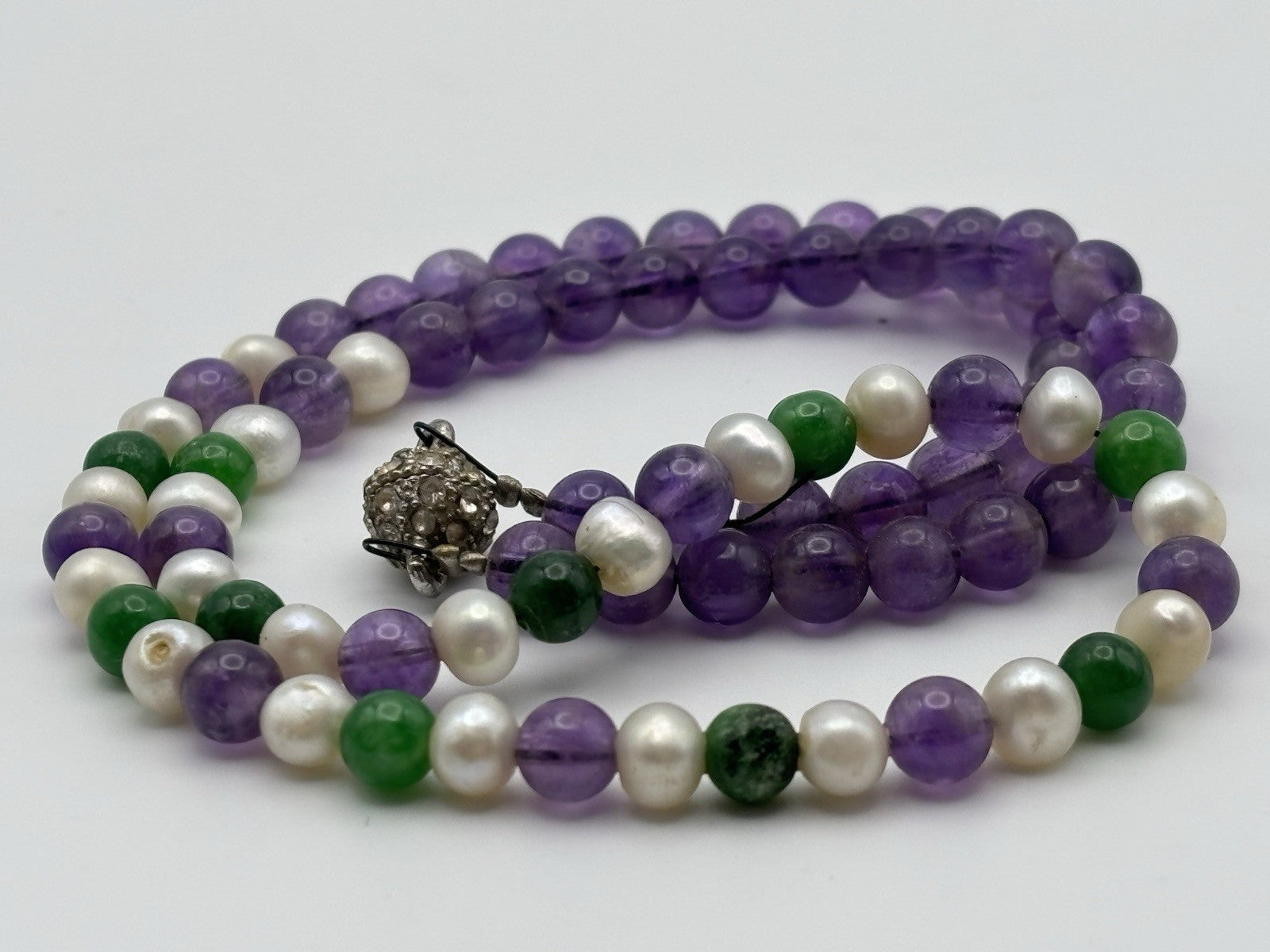 Vintage Amethyst Jadeite Pearl Necklace Pave Rhinestone Clasp Mid Century