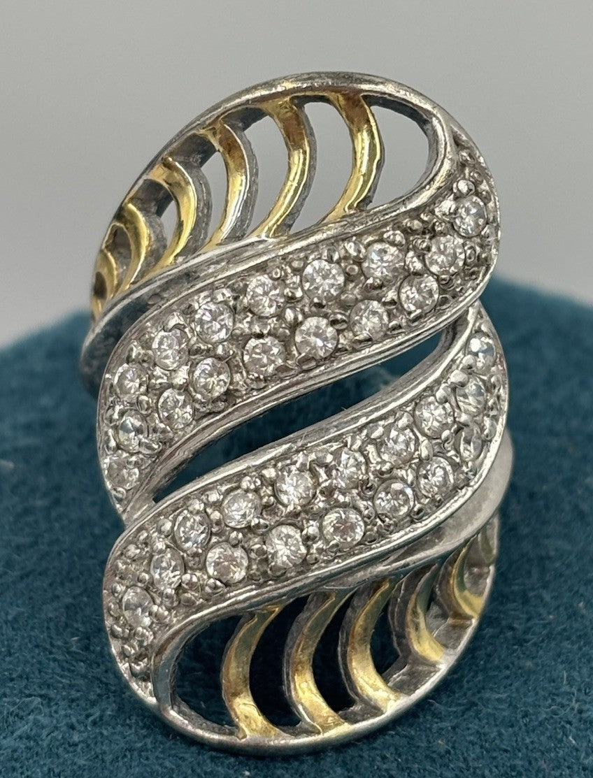 Rare Vintage Sterling Silver Cubic Zirconia Pavé Sculptural Statement Ring US 6