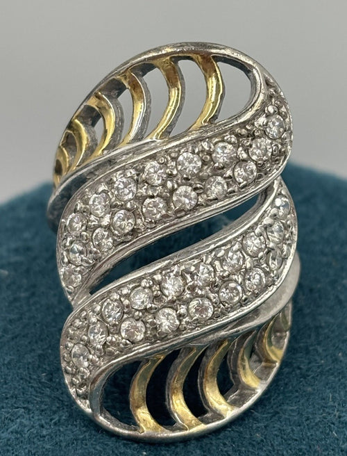 Rare vintage sterling silver CZ pave sculptural statement ring, US 6