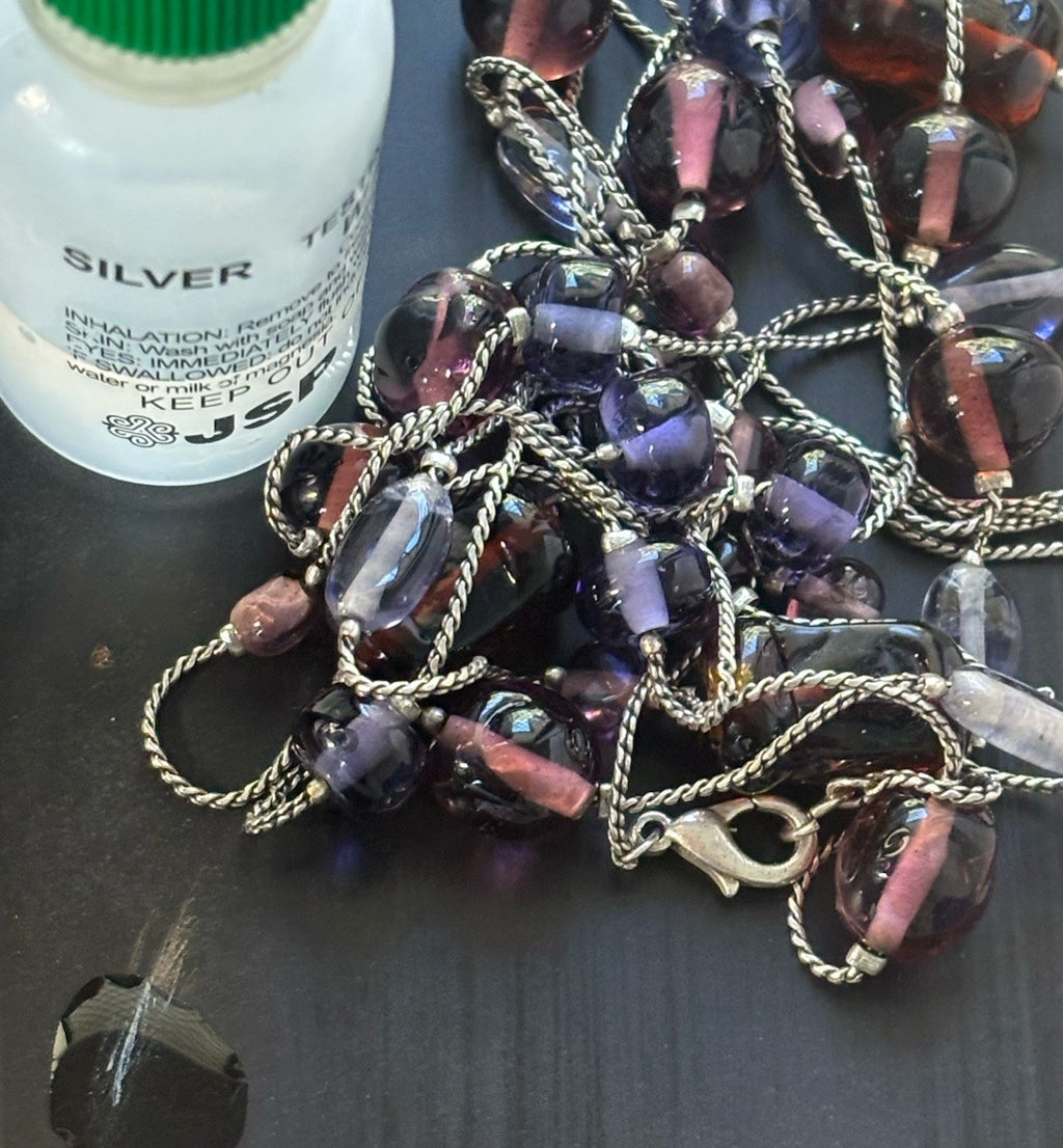 Vintage Sterling Silver Glass Bead Necklace Italy Murano Czech Style