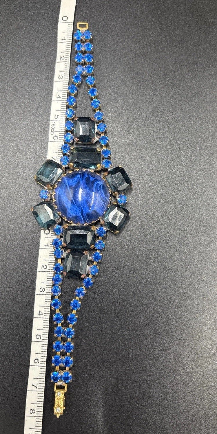 Vintage Czech Blue Glass Rhinestone Bracelet Swirled Cabochon Statement