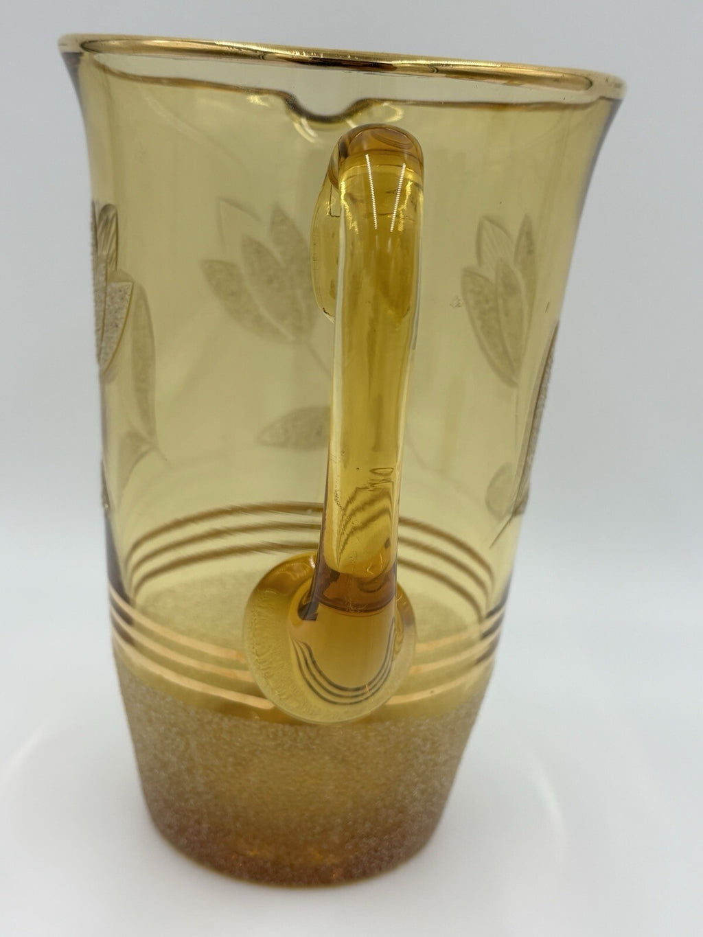 Vintage Amber Glass Pitcher & 4 Tumblers Gold Leaf Etched MCM Barware Set