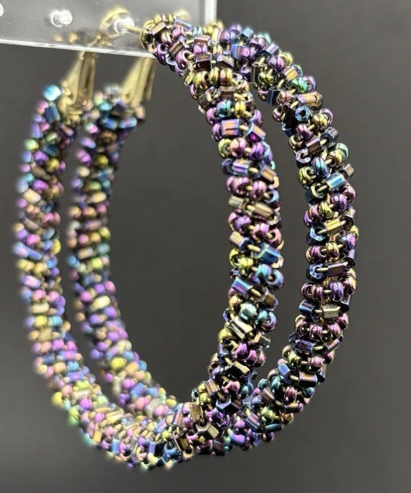 Vtg Earrings Kumihimo Beaded Peacock Earrings Large Multicoloured. ￼
