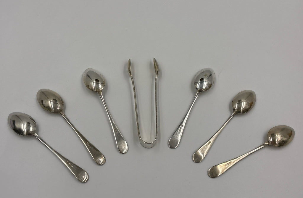 Vintage EPNS Silver Teaspoon Set with Sugar Tongs in Box Ornate Scroll Design