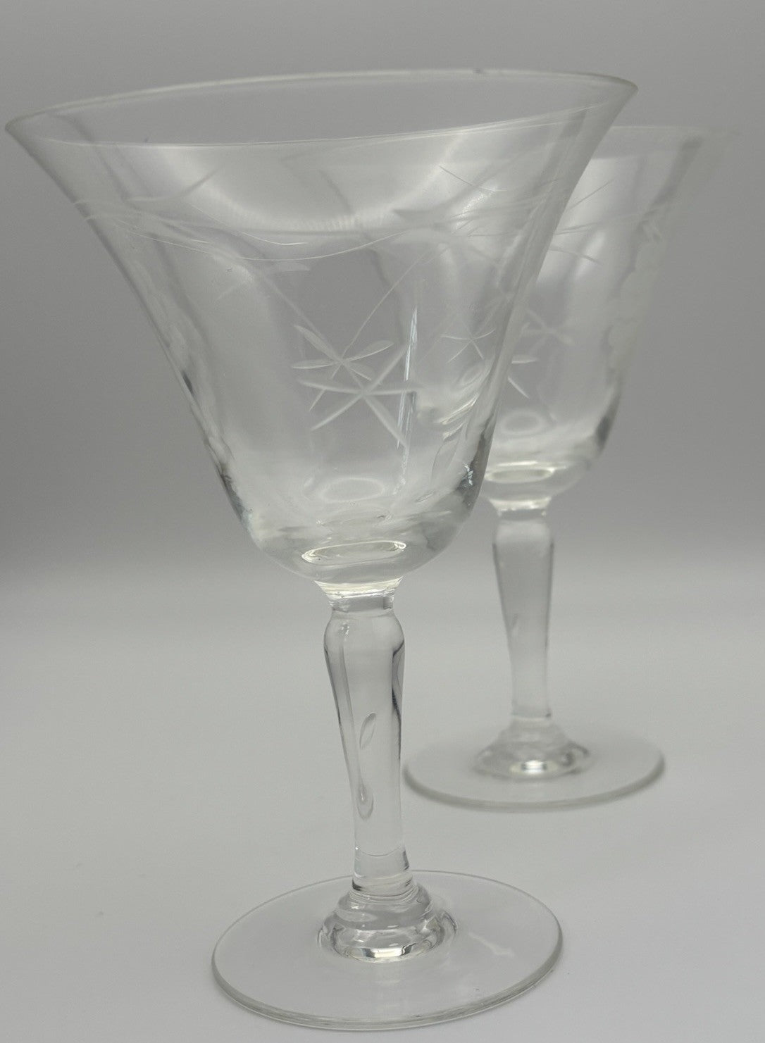 Vintage Etched Sherry Liqueur Glasses Set of 2 Grapes Starburst Design