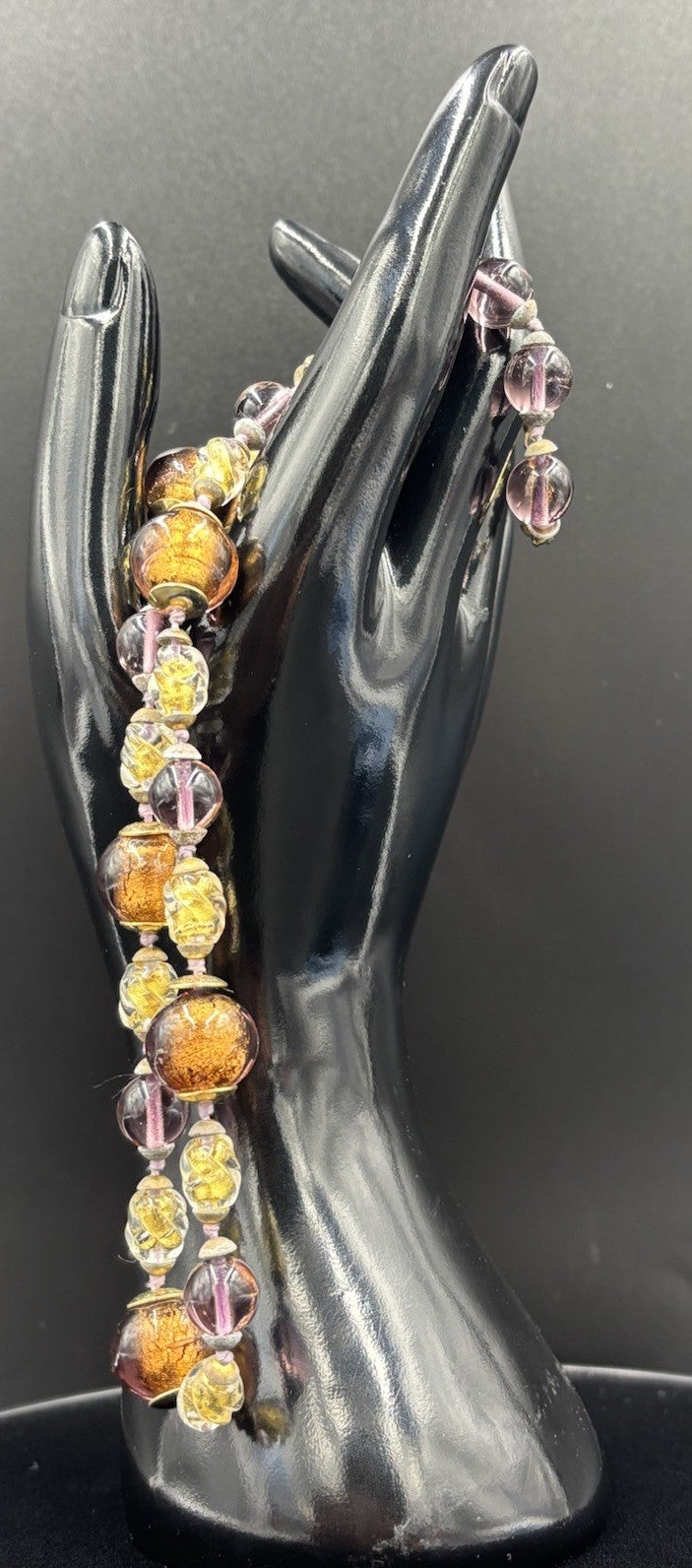 Vintage Brown Honey Gold Foiled Purple Accents Murano Art Glass Faceted Beads
