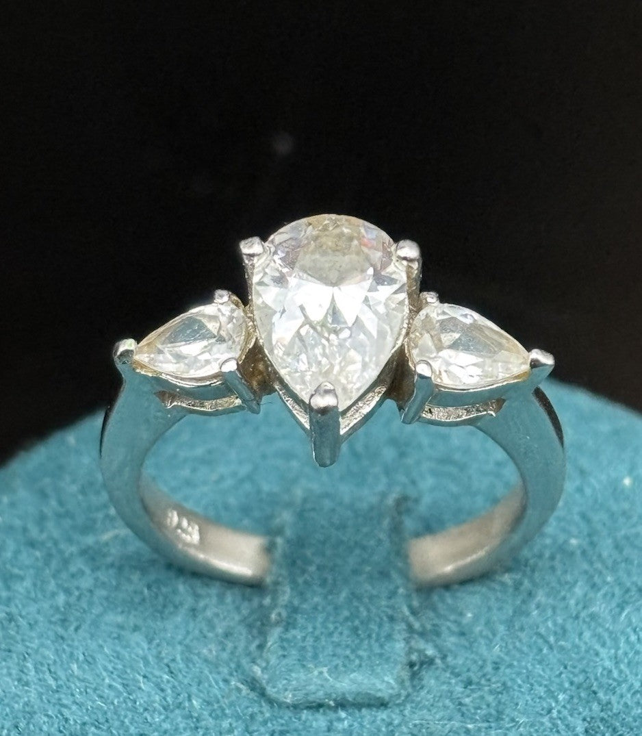 Vintage Sterling Silver Pear Cut CZ Trilogy Ring Marquise Accents Size 8.25