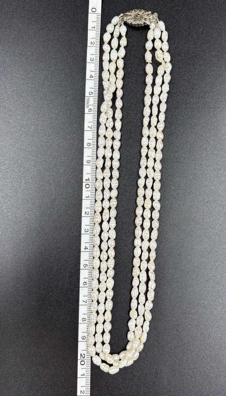 Vintage Baroque Pearl Necklace Bracelet Set 3 Strand Sterling Clasp
