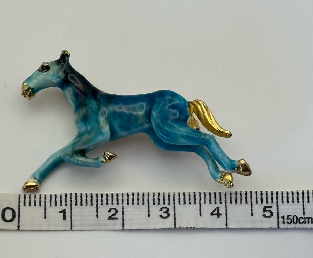 Vintage Blue Enamel Galloping Horse Brooch Gold Tone 1980s Equestrian Statement