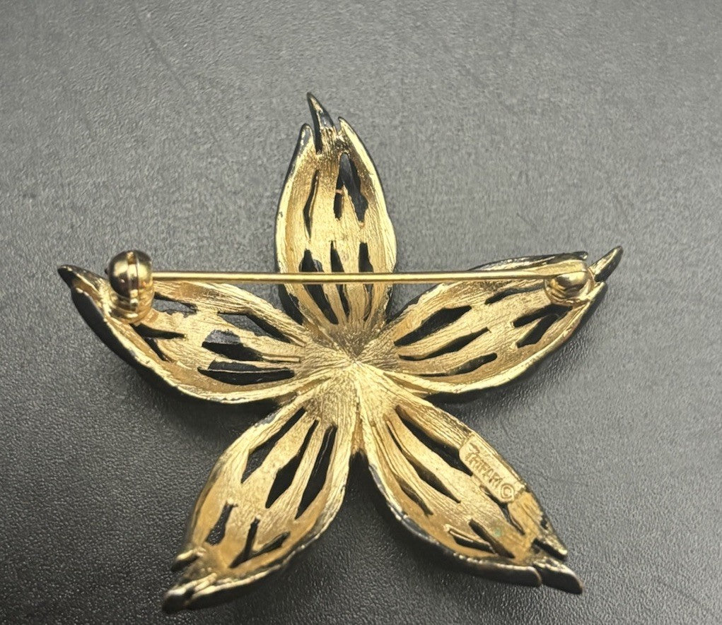 Vintage Crown Trifari Black Finish Flower Brooch Gold Tone Mid Century