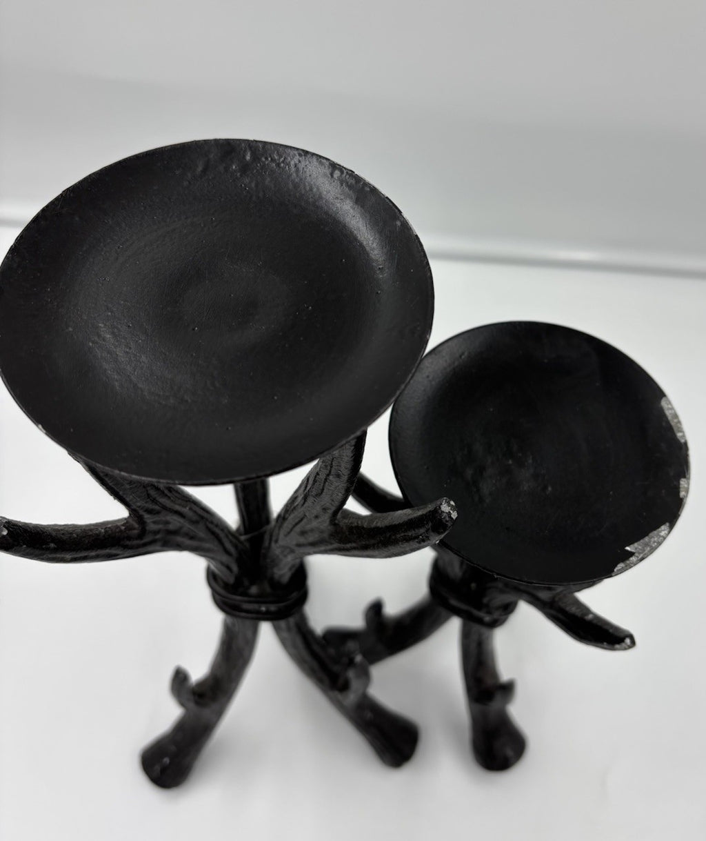 Sculptural Black Cast Aluminium Candle Holders Set Rustic Tree Branch Decor