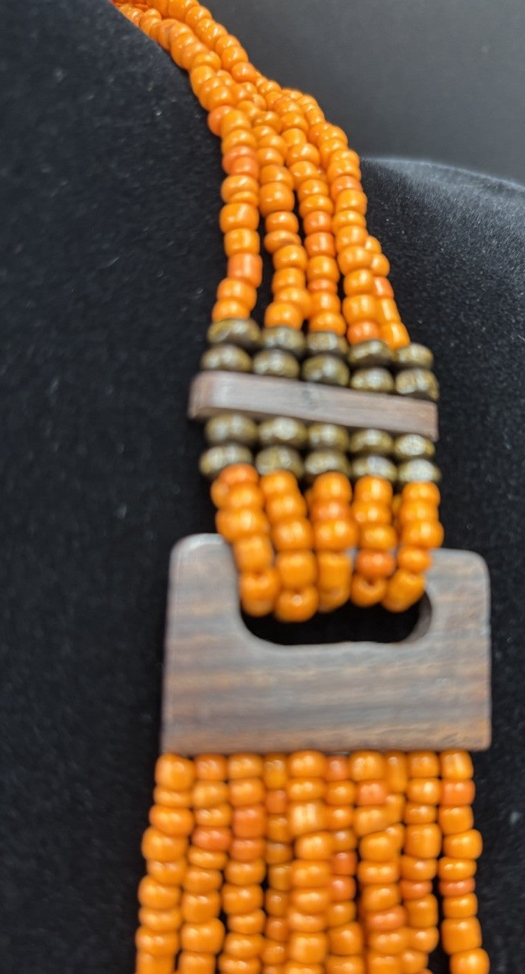 Vintage Tribal Orange Beaded Multi-Strand Necklace Wood Clasp Boho Ethnic