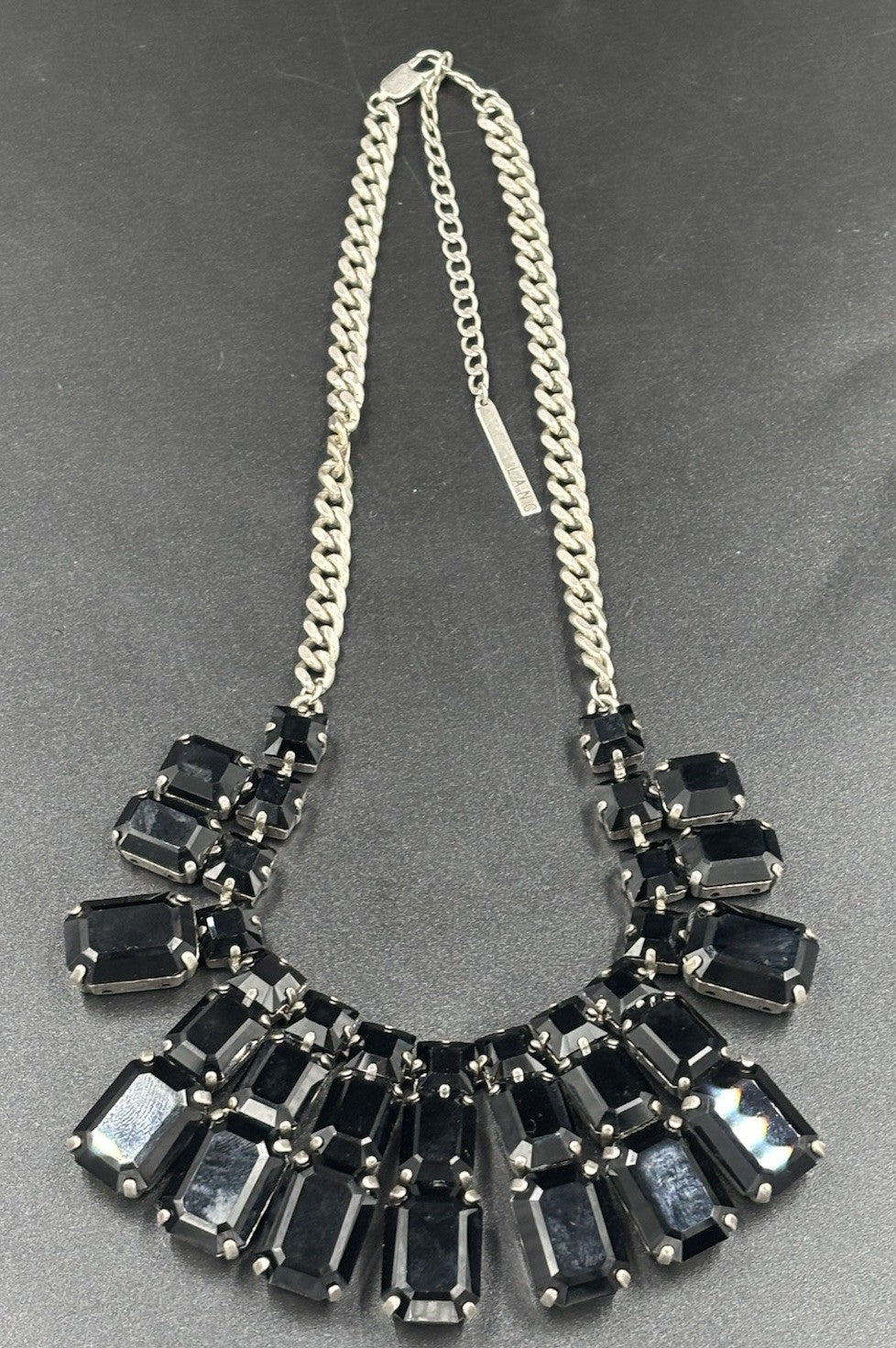 Vintage Peter Lang Statement Necklace Black Glass Crystal Art Deco Revival Glam