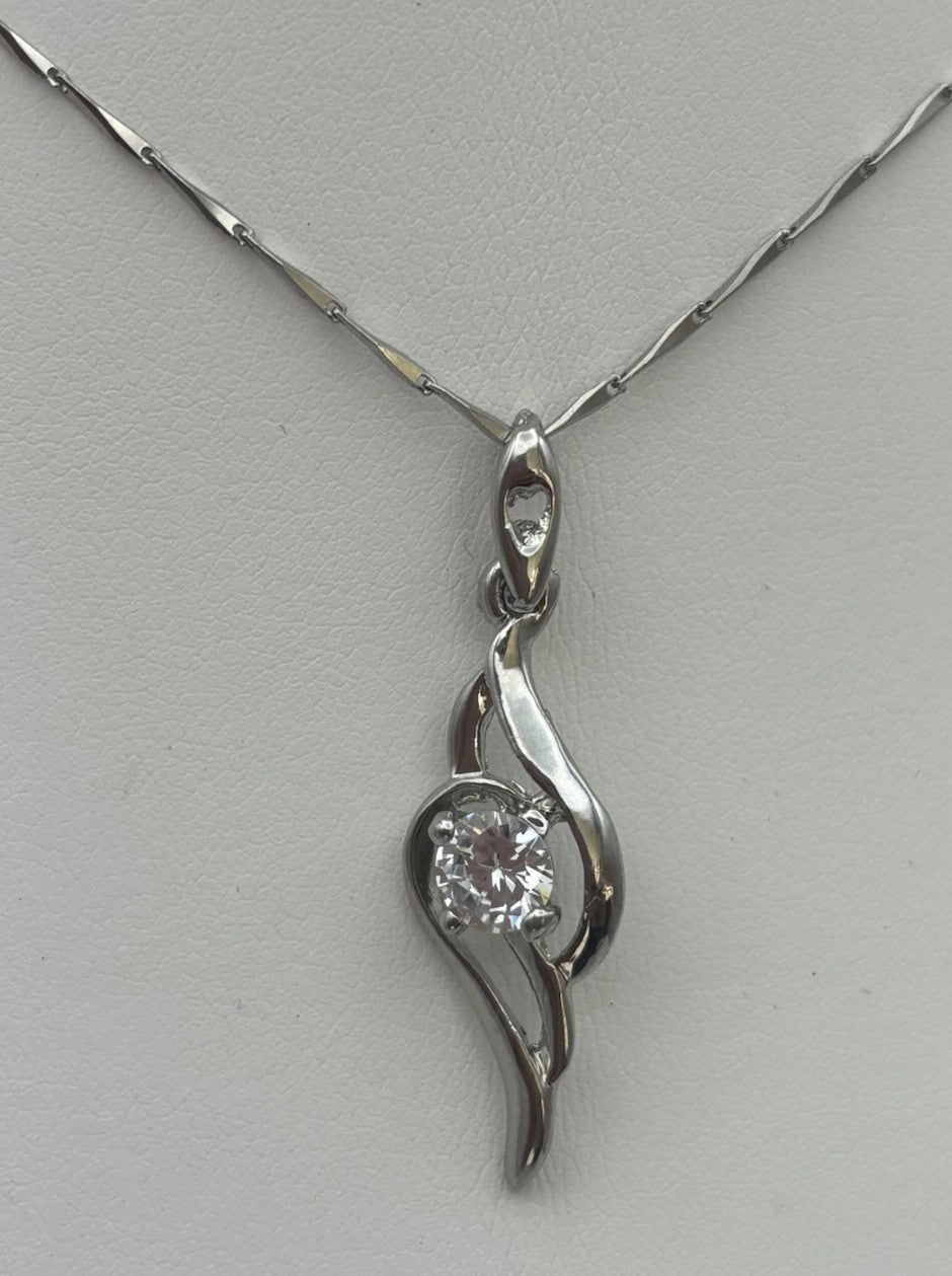 18K GF White Gold Flame Pendant Necklace Earrings Set Sparkling CZ Jewelry