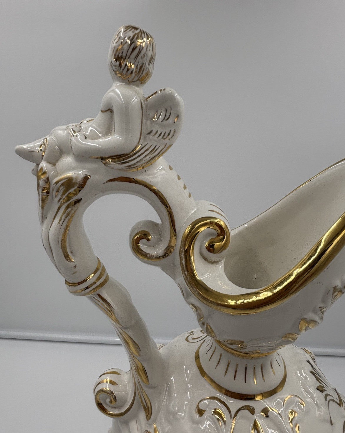 Vintage Capodimonte Italian Porcelain Cherub Ewer Vase Hand Painted Gold Gilt