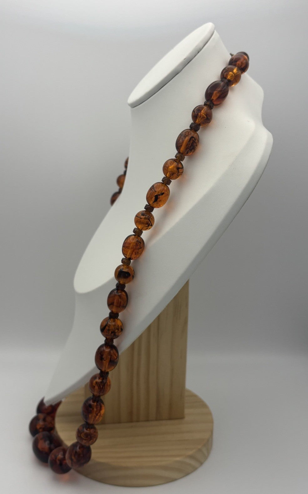 Vintage Lucite Faux Amber Bead Necklace 76cm Mid Century Swirled Resin Jewelry