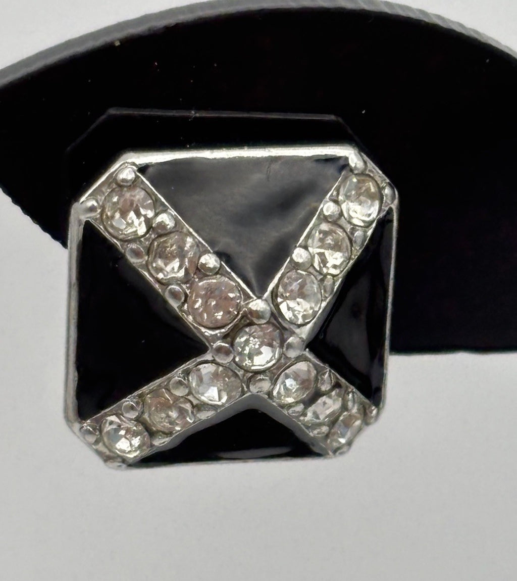 Vintage Monet Signed Black Enamel Rhinestone Stud Earrings