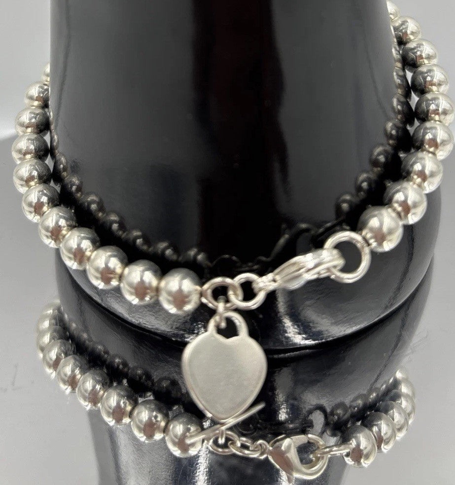 Vintage Sterling Silver Bead Bracelet with Heart Charm – 925 Ball Chain 19cm