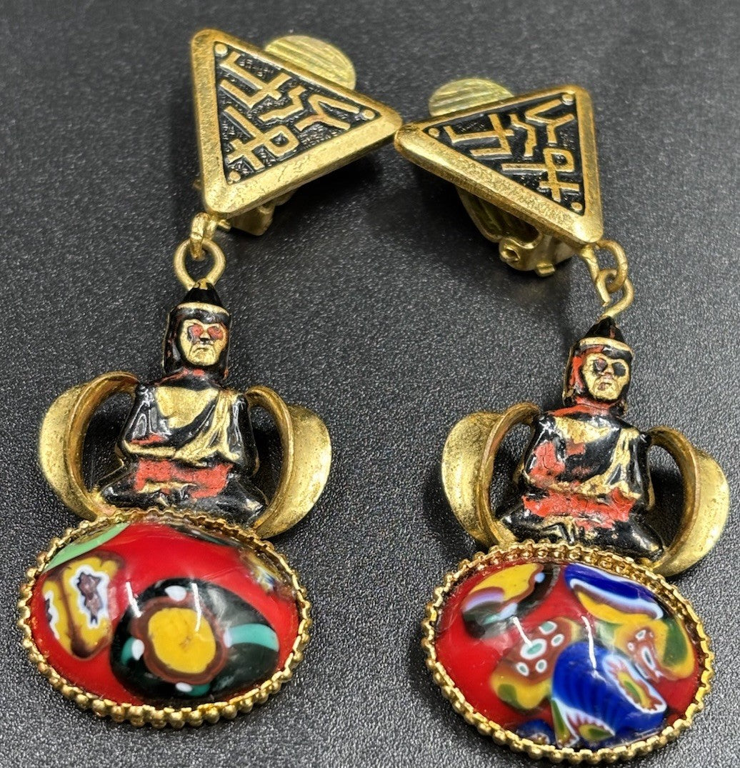 Vintage Millefiori Glass Dangle Earrings Buddha Figure Colourful Art Glass