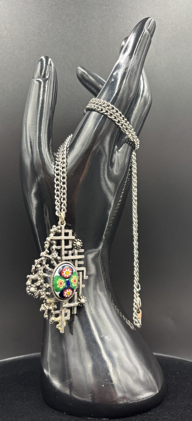 Vtg Millefiori Caning Art Glass Pendant Silver Plated, & Silver Tone Necklace