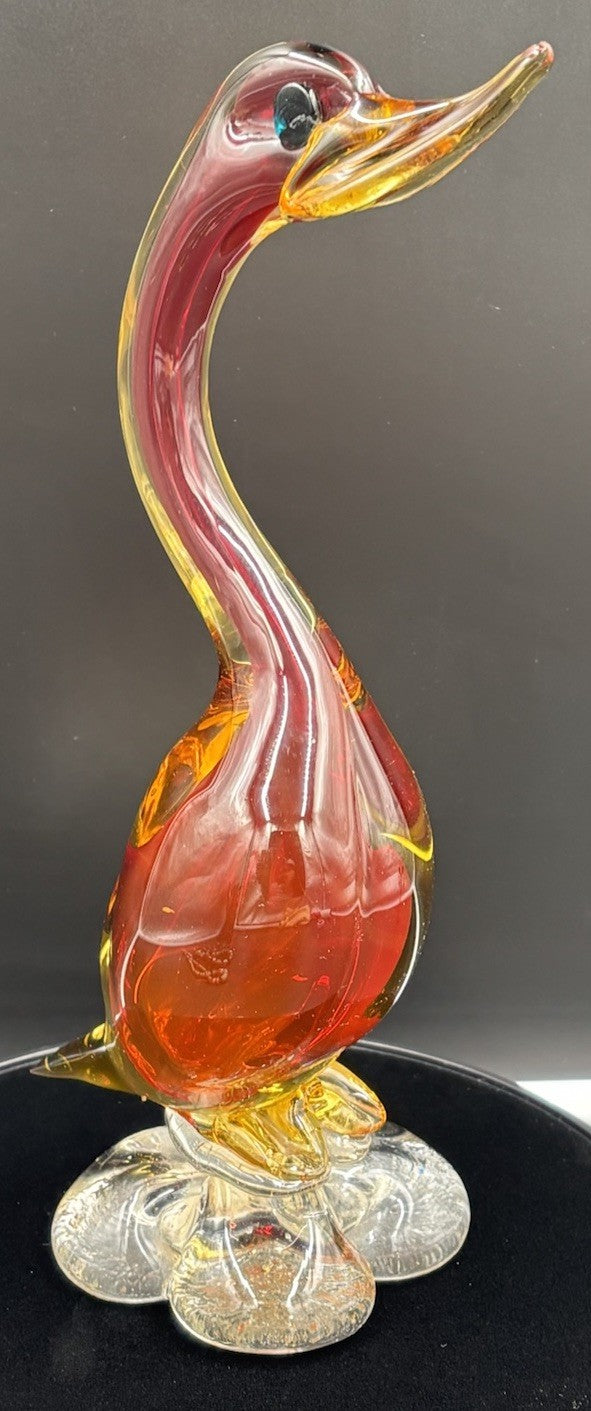 Vintage Murano Art Glass Duck Figurine Statue Red Amber & Clear 26cm In Height.