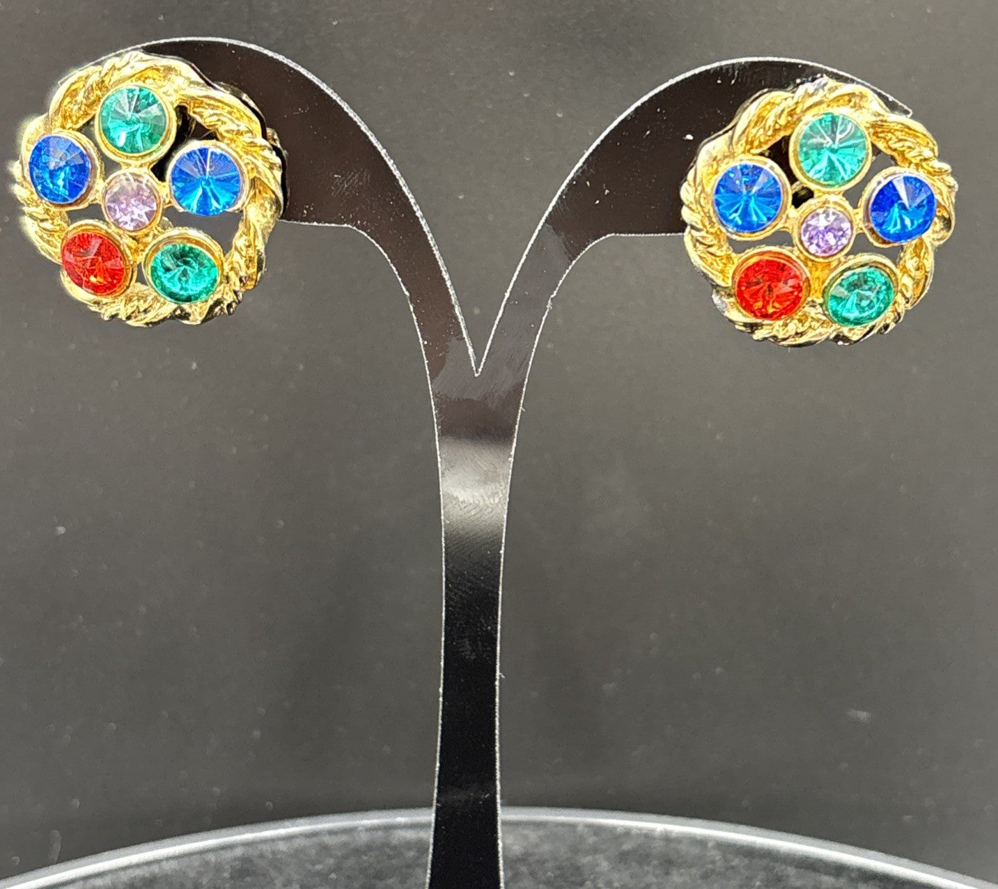 Vintage Mogul Style Pierced Earrings Gold Tone Colourful Glass Rhinestone