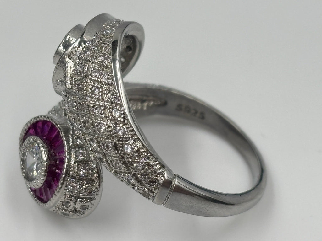 Vintage Style Stamped S925 Silver Ruby CZ Pavé Cocktail Ring US 9¼