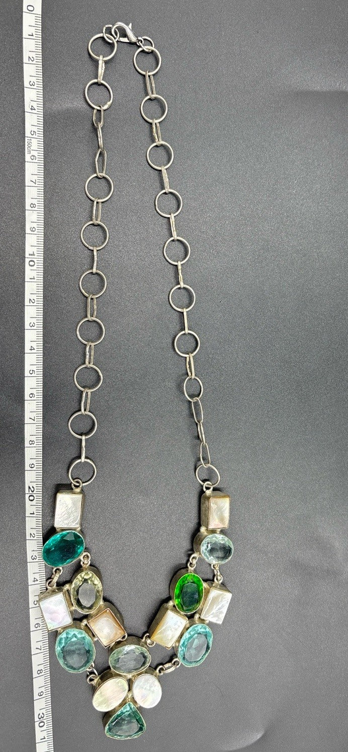 Artisan Multi Stone Bib Necklace Aqua Teal Green Glass Mother of Pearl Handmade