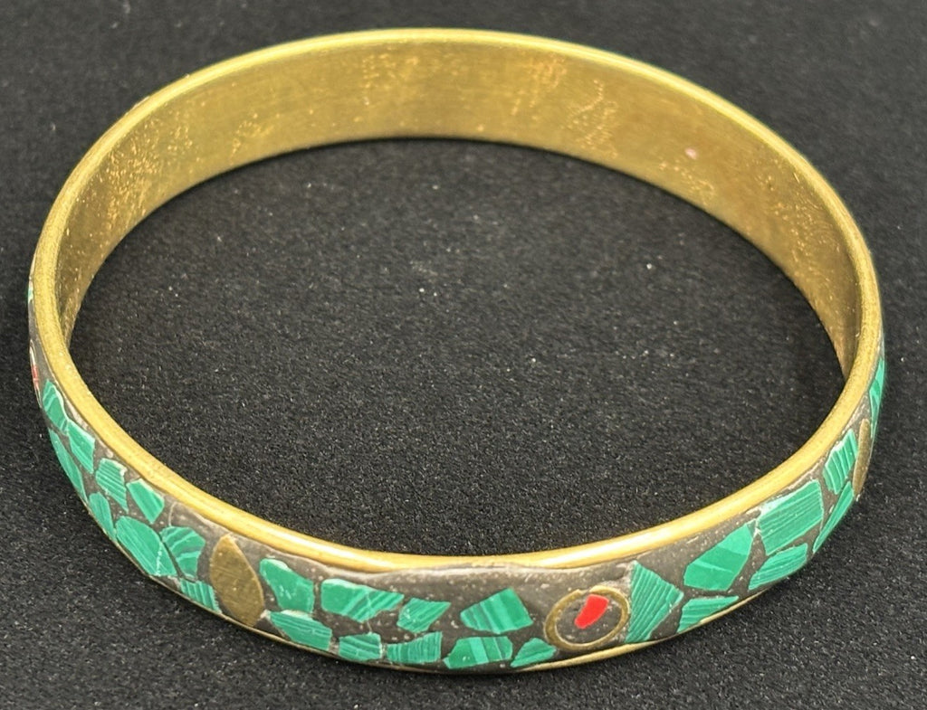 Vintage Green Mosaic Brass Bangle Boho Tribal Malachite Style Bracelet