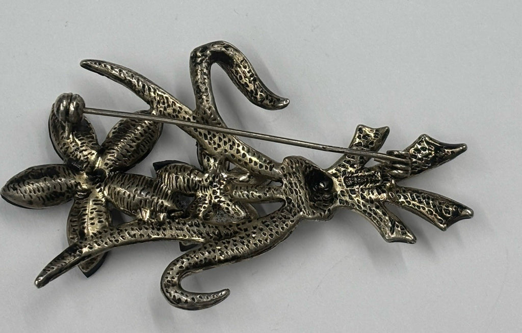 Vintage Black Flowers Brooch Silver Tone.